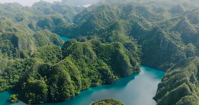 Top view of Kayangan Lake and Banuang Daan Lake in Coron, Palawan. Philippines.
