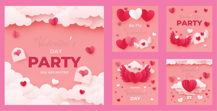A charming Valentine’s Day party invitation and social media banner set designed with soft pink tones, floating hearts, clouds, love letters, and romantic paper-cut style elements. Perfect for event p