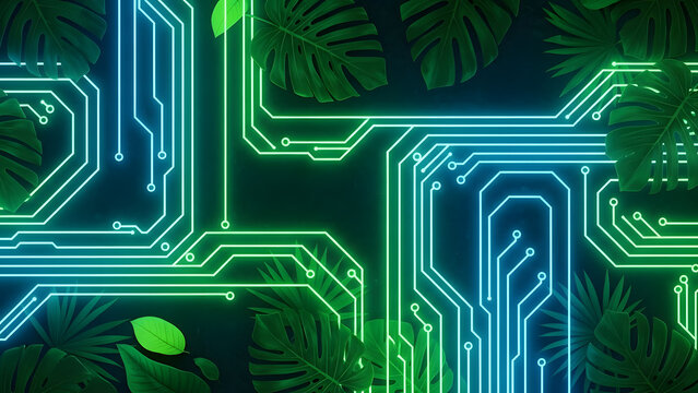 Luminous circuit board pattern with tropical foliage, blending technology and nature in a vibrant design aesthetic - Powered by Adobe