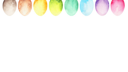 Watercolor Easter border with colorful hand-painted eggs arranged along the top. A bright, festive frame perfect for spring holiday cards, invitations, posters, and creative Easter layouts.