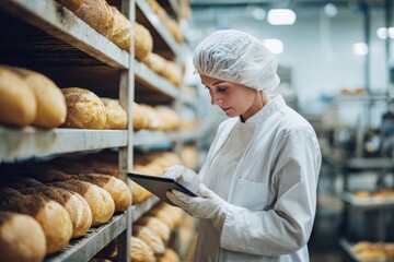 Baker woman in white clean chef uniform use tablet computer for control quality standing in front of bread display counter at the bakery factory. Banner modern foodstuff industry. Food technologist