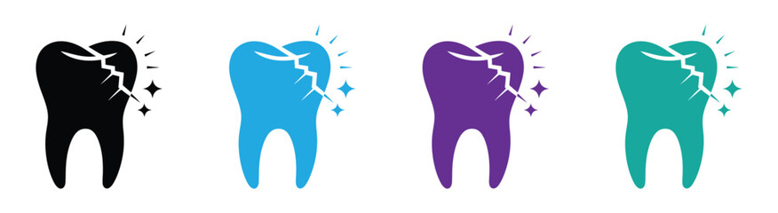 Colorful cracked tooth icons need dental repair badly now. damaged tooth, icon, line sign. Dental health care icon with editable stroke.   vector illustration.