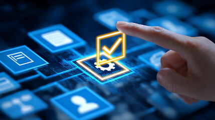 Human finger touching glowing checkmark icon with gear mechanism technology digital