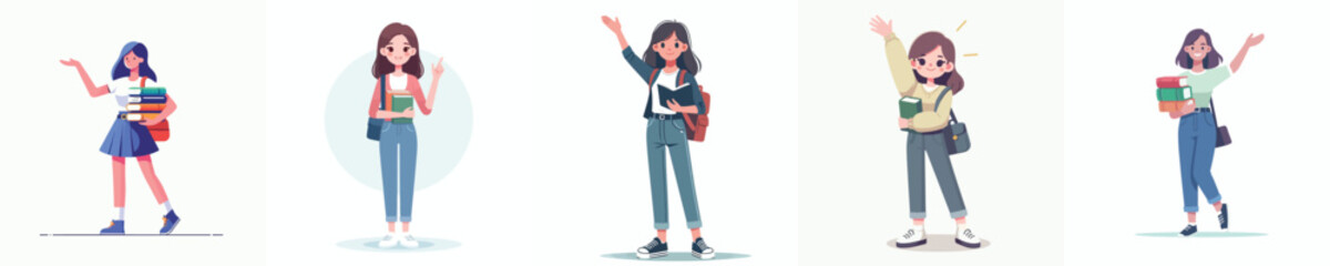 vector of female student carrying book waving hand