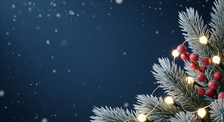 Frosty Christmas tree branches with red berries and glowing garland lights on dark blue background. Festive winter holiday border with copy space for text