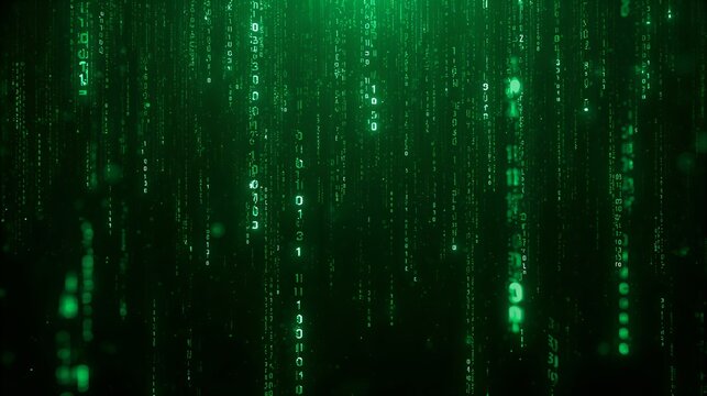 A captivating view of digital rain cascading downwards, glowing in emerald green, creating an immersive, high-tech atmosphere. - Powered by Adobe