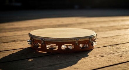 Round tambourine on wooden deck, sunlit