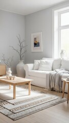 Scandinavian Minimal Living Room with Layered Rugs and Birch Wood Furniture