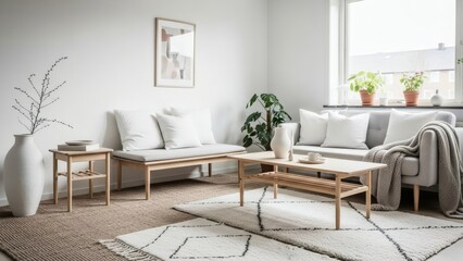 Scandinavian Minimal Living Room with Layered Rugs and Birch Wood Furniture