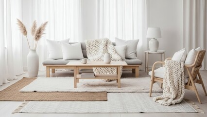 Scandinavian Minimal Living Room with Layered Rugs and Birch Wood Furniture