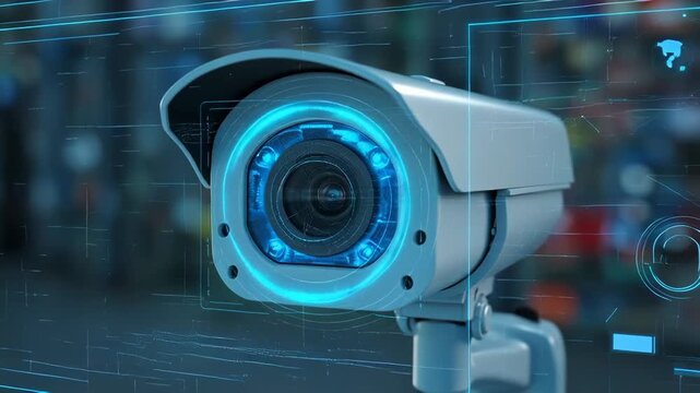 Close up of a modern security camera with blue glowing elements and digital grid overlay
