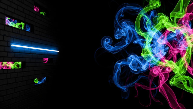 Illuminated brick wall with neon glow and colorful abstract smoke effects, creating a dynamic and modern background