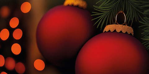 Rote Weihnachtskugeln am Tannenbaum mit festlichem warmen Bokeh - Querformat 