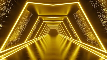 Gleaming gold: A futuristic corridor with circuit board patterns and radiant geometric light frames reflecting on the