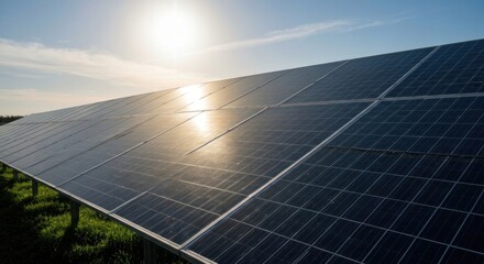 Rows of solar panels under a bright sun