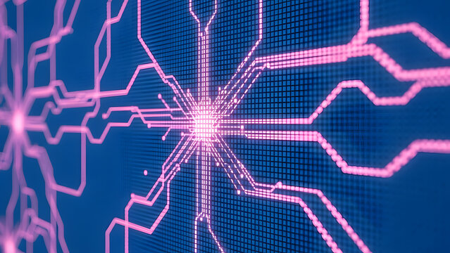 Futuristic rendering of interconnected network with glowing nodes representing data flow and advanced tech