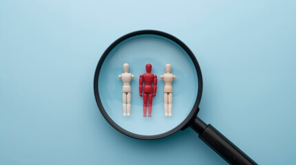 magnifying glass and figures as the concept of the talent recruitment. It is a visual representation of the selection process 