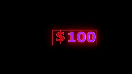 Neon Dollar 0 to 200 count. 0-200 dollar neon glowing completed dollar with alpha channel .0 to 200 dollar count completed animation on a black background.