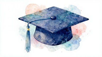 watercolor painting of an academic graduation cap with soft blended background colors illustrating