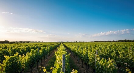 Rows of vibrant green grapevines stretch across a vast, sun-drenched field under a clear, light-blue sky