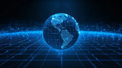 a stunning digital globe illuminated with glowing blue lights, set against a dark background, representing the interconnectedness of our world