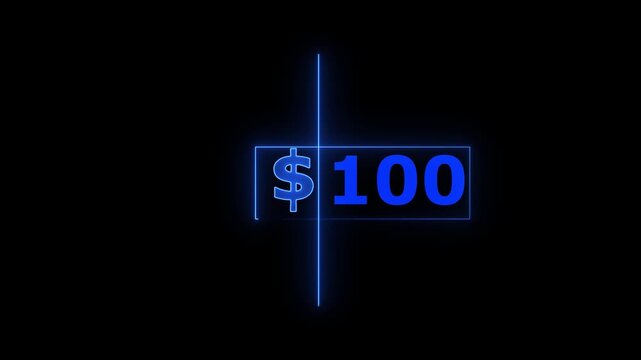 Neon Dollar 0 to 200 count. 0-200 dollar neon glowing completed dollar with alpha channel .0 to 200 dollar count completed animation on a black background.