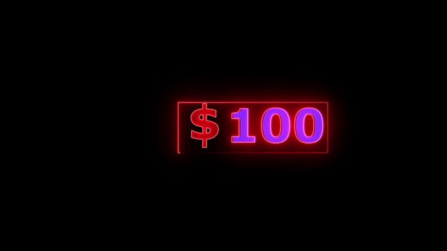 Neon Dollar 0 to 200 count. 0-200 dollar neon glowing completed dollar with alpha channel .0 to 200 dollar count completed animation on a black background.