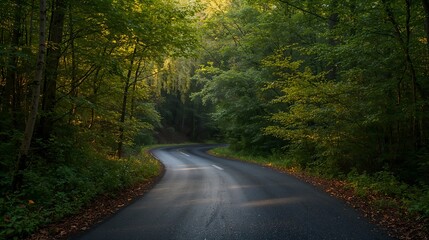 Naklejka premium a winding road through a lush green forest. The sunlight filters through the trees, illuminating the path ahead