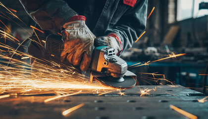 Skilled metalworker using grinder with sparks flying in workshop for industrial safety, quality, and precision manufacturing concepts