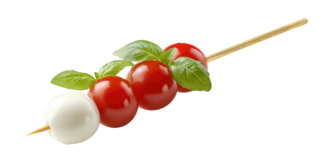 A skewer with mozzarella, cherry tomatoes and basil leaves, on a black background