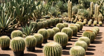 Rows of spherical cacti in pots, sunny garden setting