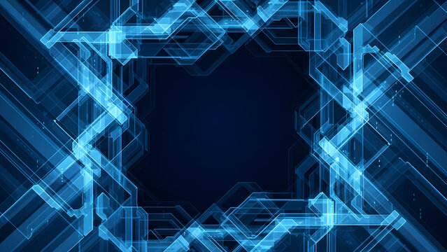 Abstract technological interface with glowing blue lines forming a geometric square portal highlighting modern digital - Powered by Adobe