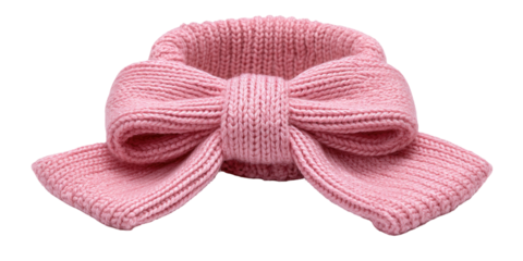 A close-up shot of a soft pink, knitted bow-tie with a ribbed texture, perfect for accessorizing