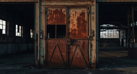 Rusted metal doors in an abandoned industrial building