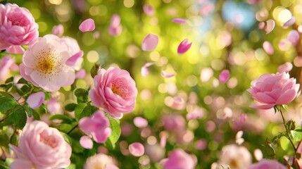 Close up of blooming pink roses with falling petals in sunny garden