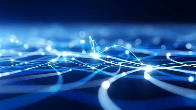 Elegant curved network connections of glowing data paths on a deep blue backdrop conveying modern communication