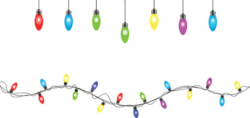 Vibrant Hanging Christmas Lights and Colorful Festive String Garland Creating a Bright Holiday Decoration Border on a Clean White Background