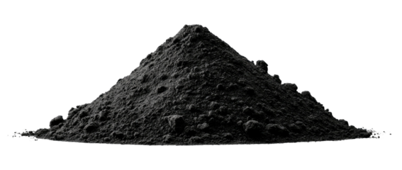A close-up shot of a small, textured pile of dark grey powder set against a black background