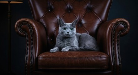 Rustic gray cat on rich brown leather armchair