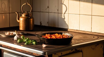 Rustic kitchen scene with pasta cooking. A copper kettle sits beside a black pan of pasta sauce on an antique stove. Sunlight casts shadows