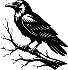 Fototapeta premium A raven sitting on a bare tree branch silhouette vector illustration