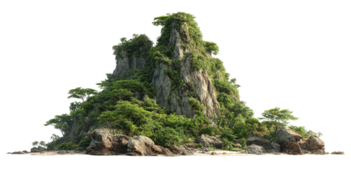 A lush, rocky island featuring dense green foliage cascading over cliffs. A sandy beach borders the base