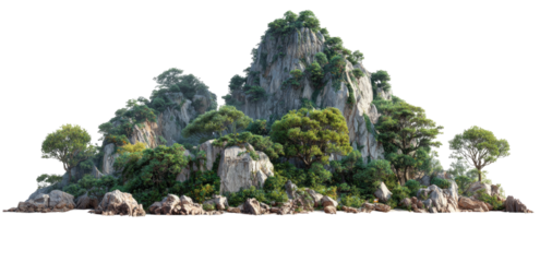 A cluster of jagged rocks overgrown with trees and other foliage on a dark background