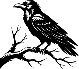 Fototapeta premium A raven sitting on a bare tree branch silhouette vector illustration