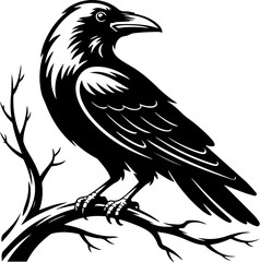 Fototapeta premium A raven sitting on a bare tree branch silhouette vector illustration