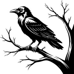 Fototapeta premium A raven sitting on a bare tree branch silhouette vector illustration