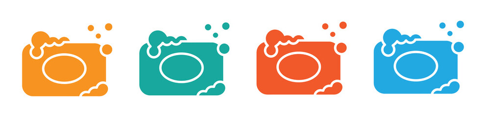 Four colorful soap bars with bubbles for vibrant hygiene needs. Soap with foam bubbles icon in line, solid, and colorful filled outline versions. Clean hygiene symbol, personal care illustration.