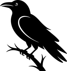 Obraz premium A raven sitting on a bare tree branch silhouette vector illustration