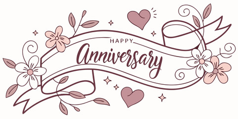 Happy Anniversary floral design banner with hearts and flowers decoration
