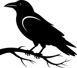 Obraz premium A raven sitting on a bare tree branch silhouette vector illustration
